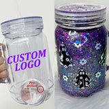 USA warehouse RTS double walled snow globe glitter 20oz plastic can mason jar 20oz acrylic snow globe coffee mugs cups with pre-drilled hole and silicone plug for DIY