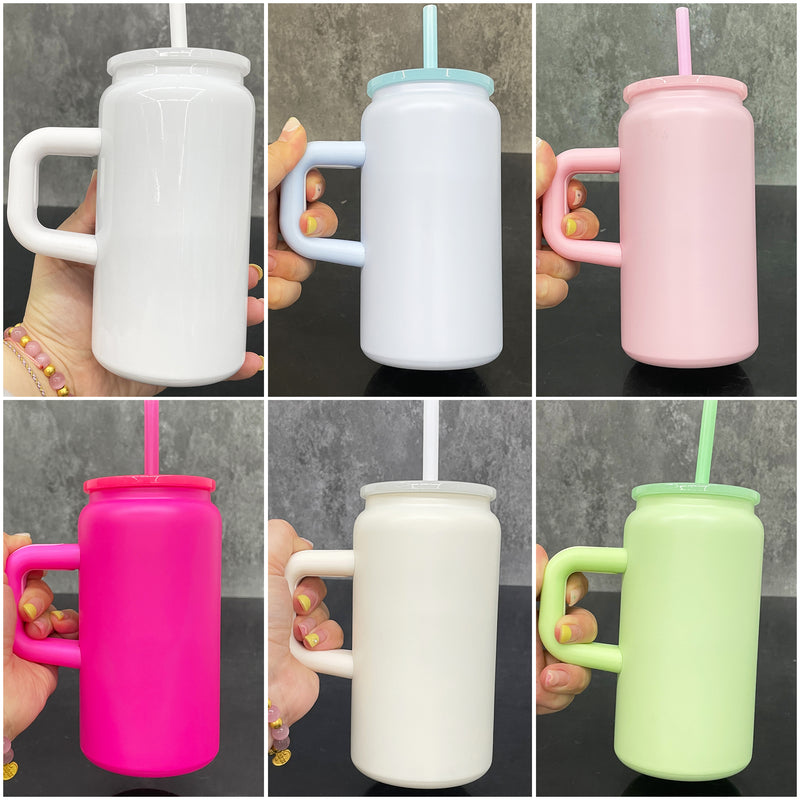China warehouse hot selling _16oz blank sublimation kids macaron stainless steel can mug tumblers  with handle for laser engraving