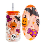 USAa warehouse 50 pack 16oz Halloween designs  3D touch UV printing beer glass can with plastic lid and clear PP straw-Gabby