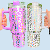 20 pack  40oz Laser engraving holographic leopard print stainless steel tumbler with handle and straw-Gabby